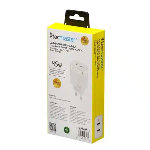 610 Cargador de pared Fast Charge 45W 2 Puertos Tecmaster - Imagen 3