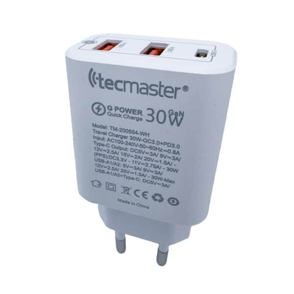 Cargador de Pared Fast Charge 30W 3 Puertos Tecmaster TM-200554-WH - Imagen 1