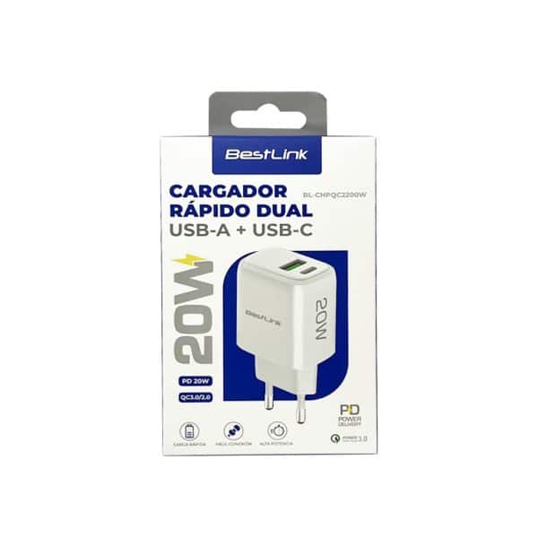 Cargador USB-A + USB-C 20W Blanco Bestlink BL-CHPQC2200W - Imagen 2