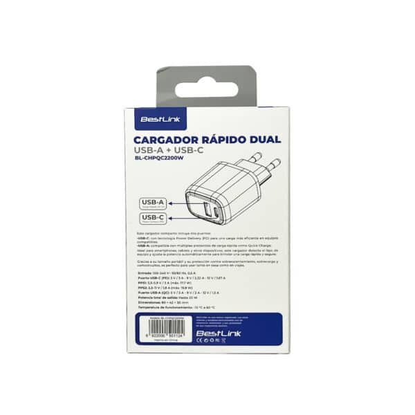 Cargador USB-A + USB-C 20W Blanco Bestlink BL-CHPQC2200W - Imagen 3