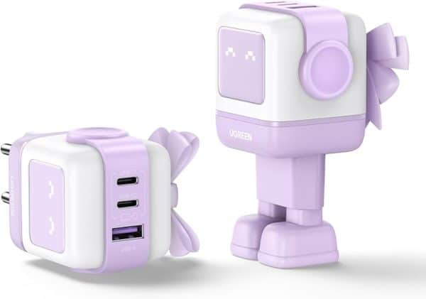 Cargador Robot Ugreen Uno RG GaN 65W 1x USB 2x USB-C Púrpura - Imagen 2