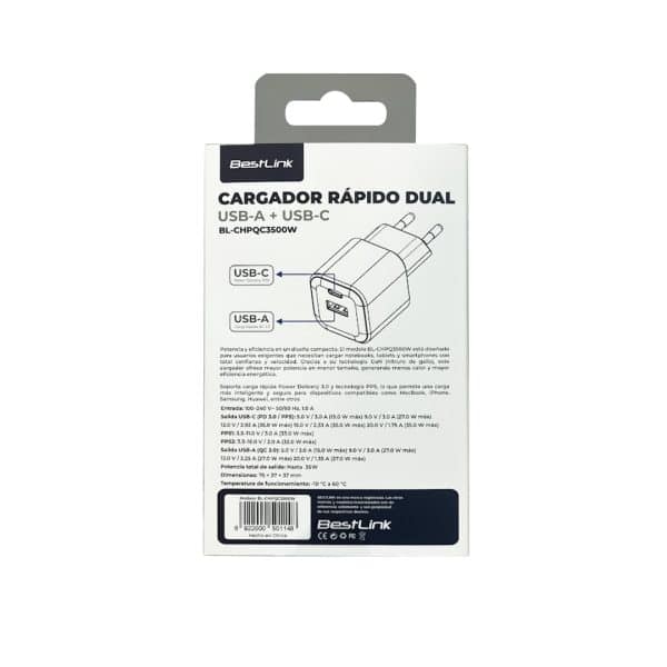 Cargador de Pared Dual PD+QC 35W Bestlink BL-CHPQC3500W - Imagen 3