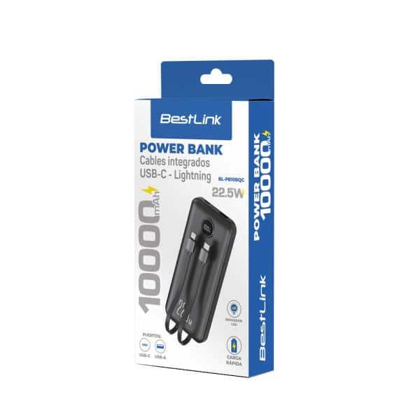Powerbank Bestlink 10000 mAh 22.5W con Cables Integrados USB-C y Lightning BL-PB10BQC - Imagen 2